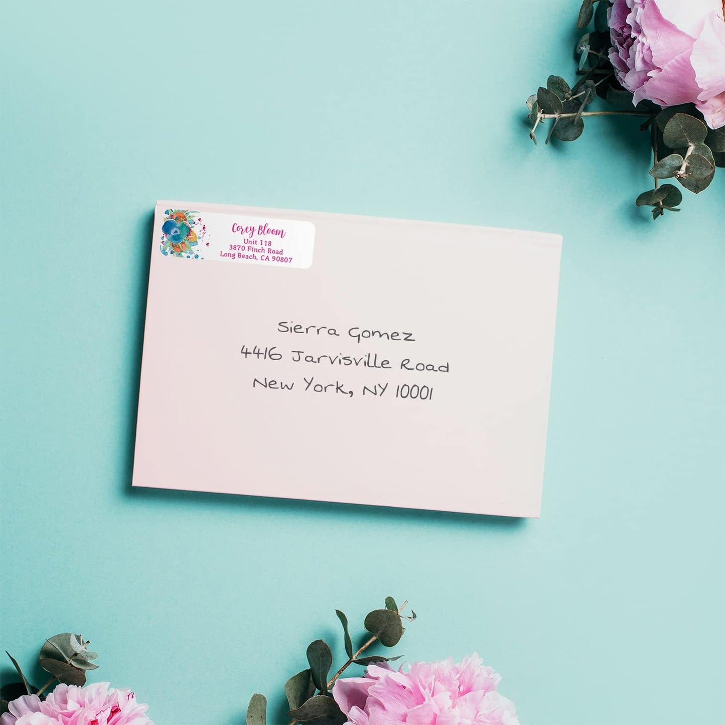 Bright Watercolor Floral Rolled Address Labels / 5 Vibrant Flower Bouquet Designs/Roll of 250 Personalized Address Labels/Designer Return Address Stickers in Elegant Plastic Dispenser