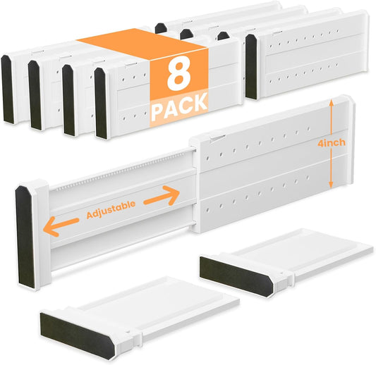 REBECAT 8 Pack Drawer Dividers for Clothes Adjustable Drawer Dividers 4" High Expandable from 11"-17" for Dresser Baby Clothes Bathroom Bedroom Kitchen and Office Storage，White