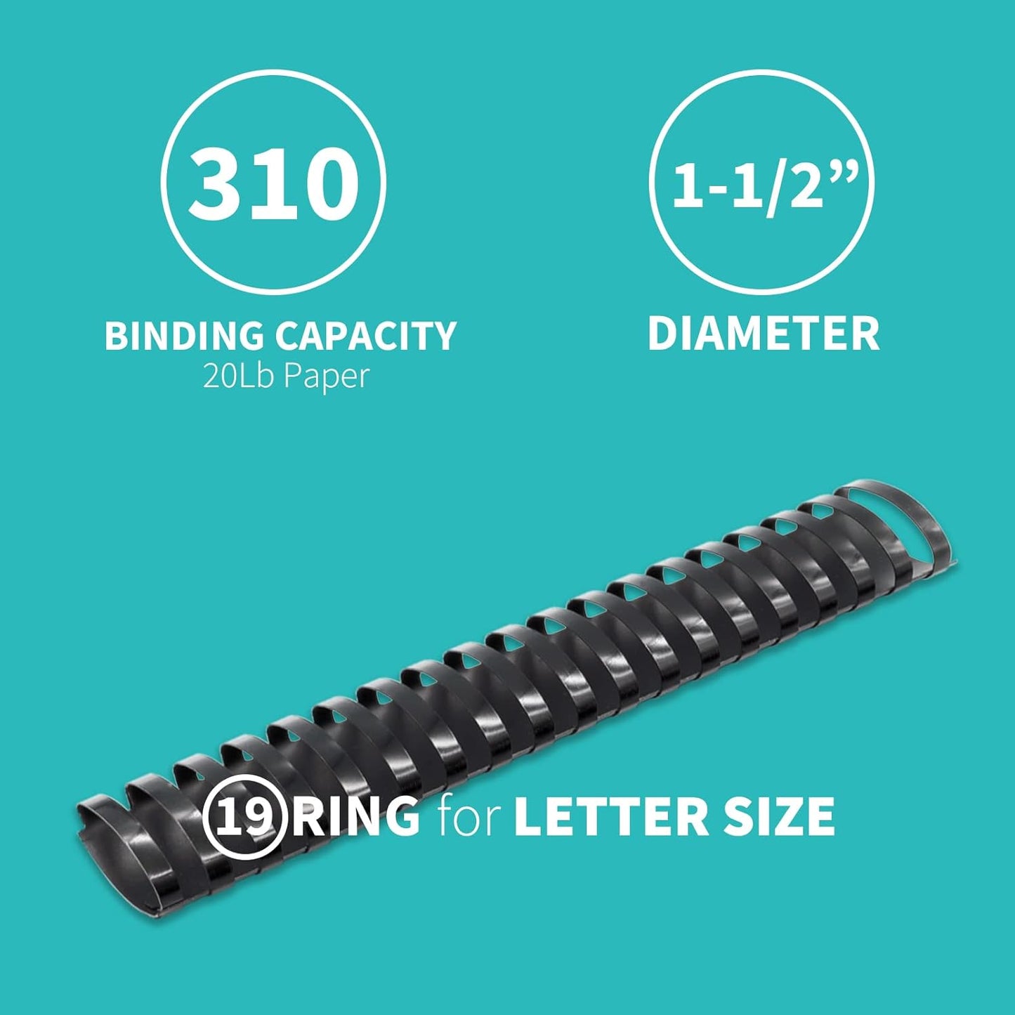 Binditek 12 Pack Plastic Binding Comb Spines, 1-1/2 Inch Diameter, 310 Sheet Capacity, 19 Ring, for Letter Size, Black, for Students and Coworkers