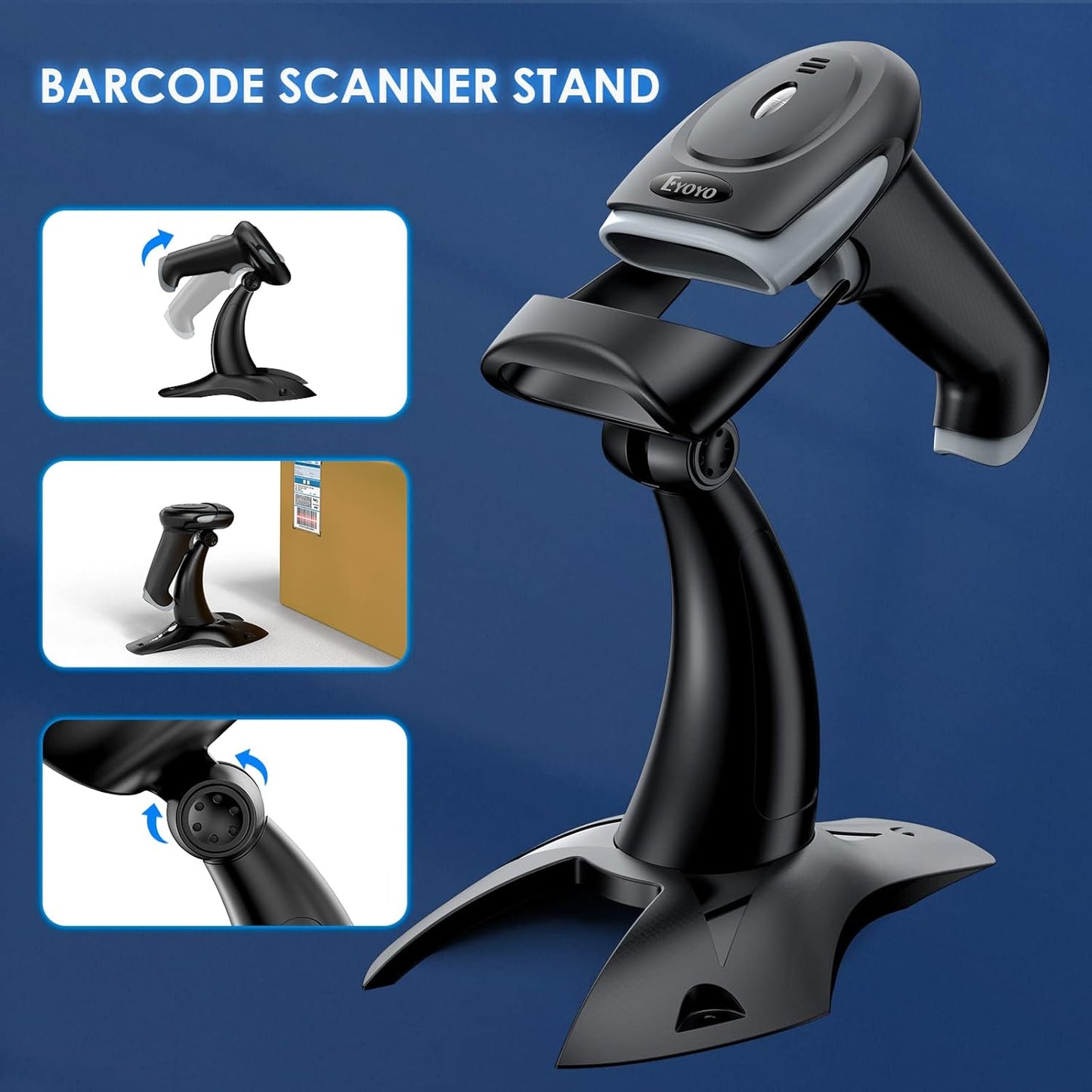 Eyoyo 2D 1D Wireless Barcode Scanner with Stand, 3-in-1 Barcode Reader 2.4G Wireless & Bluetooth & Wired USB Connection, Handheld QR Code Scanner for iPhone, Mac, Android, Store, Warehouse, Library