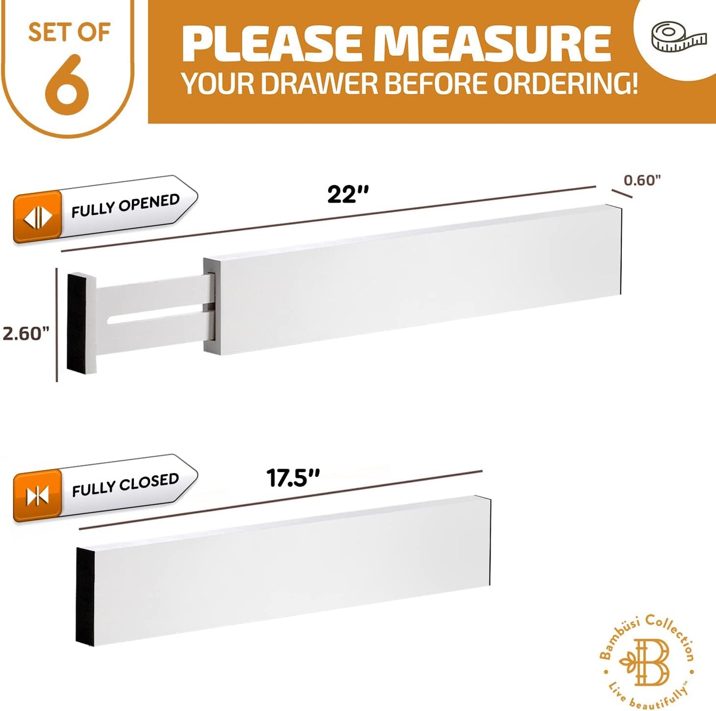 Adjustable Bamboo Drawer Divider Organizers - 6 Pack Large Expandable Drawer Organization Separators for Kitchen Utensils, Dresser, Bedroom, Bathroom, Baby Drawer, Office - 17.5” to 22" (White)