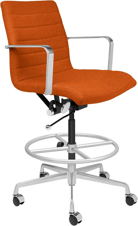 Laura Davidson Furniture SOHO II Ribbed Drafting Chair for Standing Desks, Standing Desk Chair - Ergonomically Designed, Draft Height, Arm Rest & Cushion, Made of Poly-Cotton Fabric, Orange Fabric