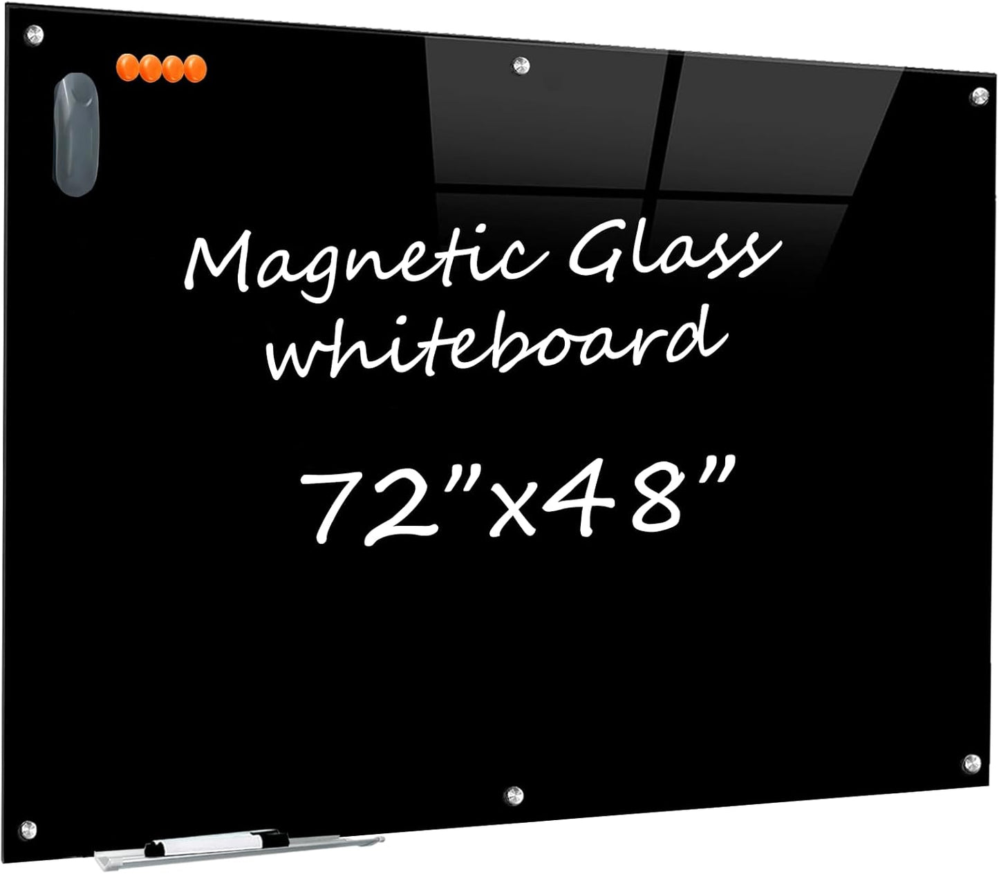 Black Glass Dry Erase Board - 72"X48" Magnetic Blackboard Large Frameless Whiteboard Clear Glass Wlack Boards with Super Strong Magnets, Wall Mounted for Office, School and Home