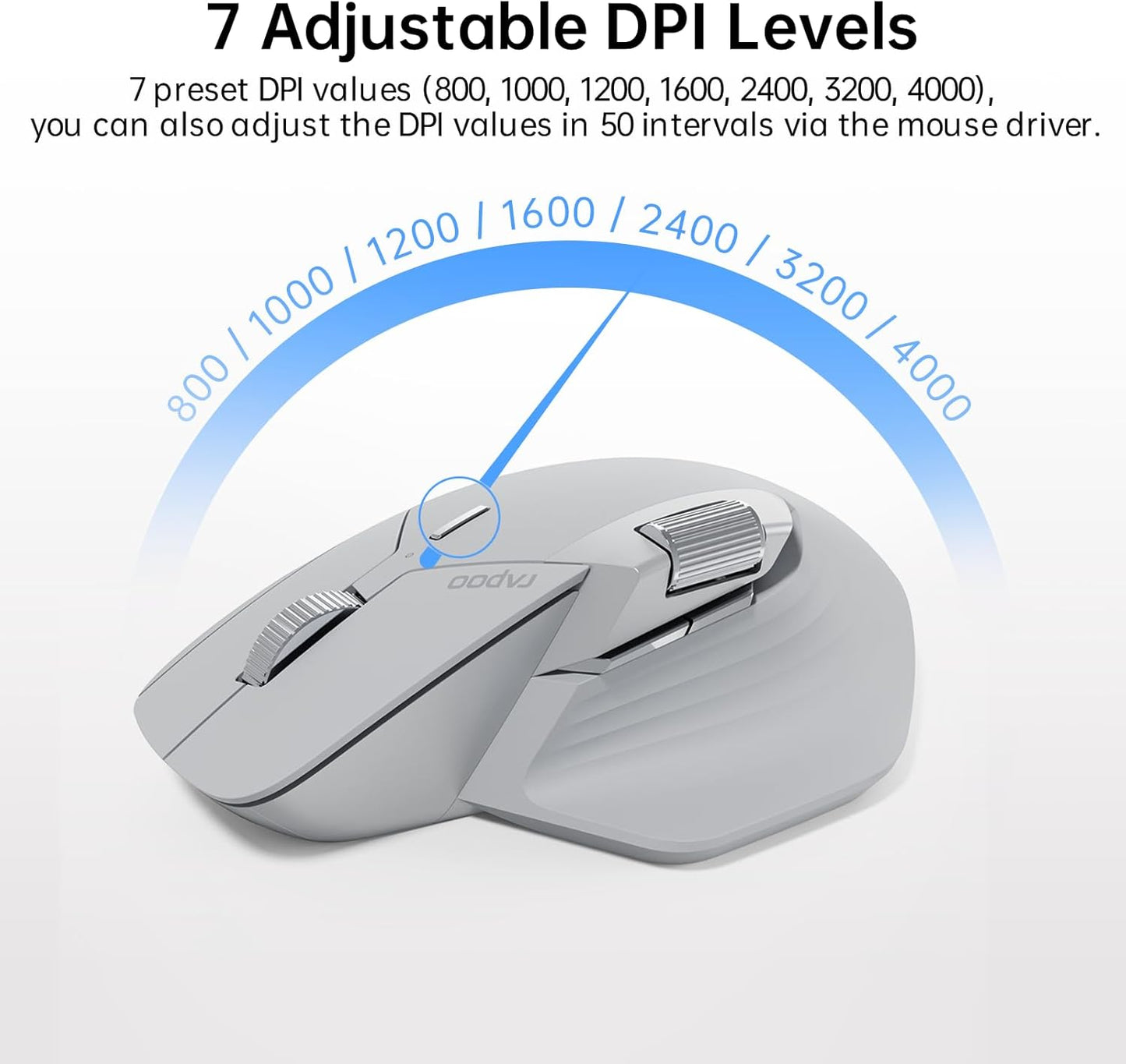 Rapoo MT760 Multi-Device Wireless Mouse, Bluetooth 5.0 and 2.4G Multi-Mode Connection, Up to 4 Devices, 11 Programmable Buttons, 4K DPI, 90 Days Battery Life, PC, Light Grey