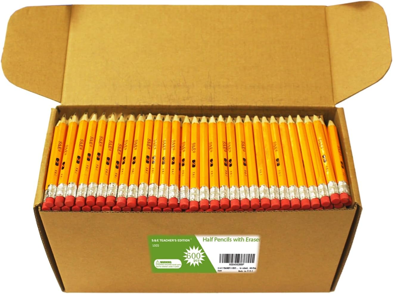 S & E TEACHER'S EDITION 600PCS 4'' Golf Pencils Pre-sharpened, Break-Resistant Lead No. 2 Half Pencils with Eraser Tops, 2 HB pencil, Back to school, 600/Box.