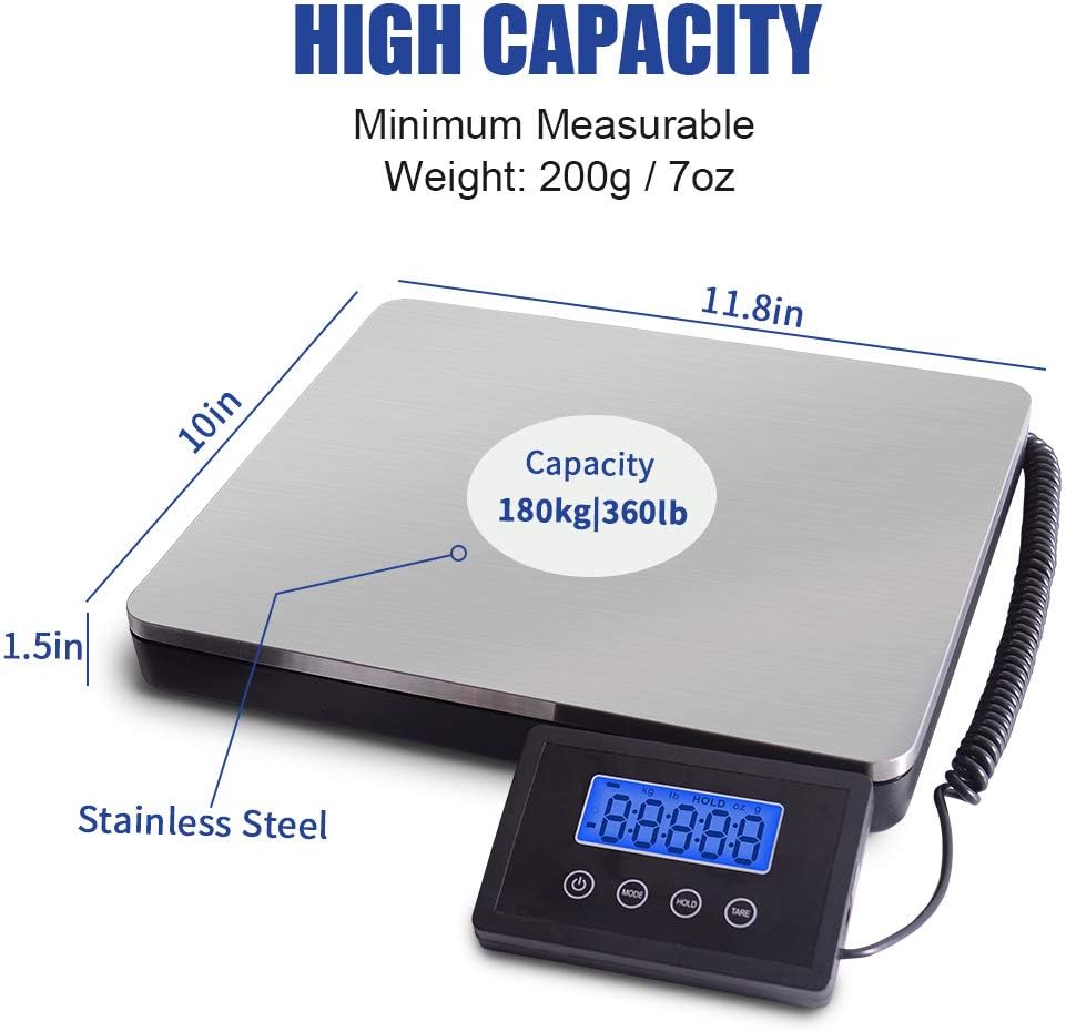 Fuzion Shipping Scale 360lb x 0.1lb, Stainless Steel Postal Scale with Timer/Hold/Tare, Digital Shipping Scale for Packages/Luggage, Battery & AC/DC Adapter