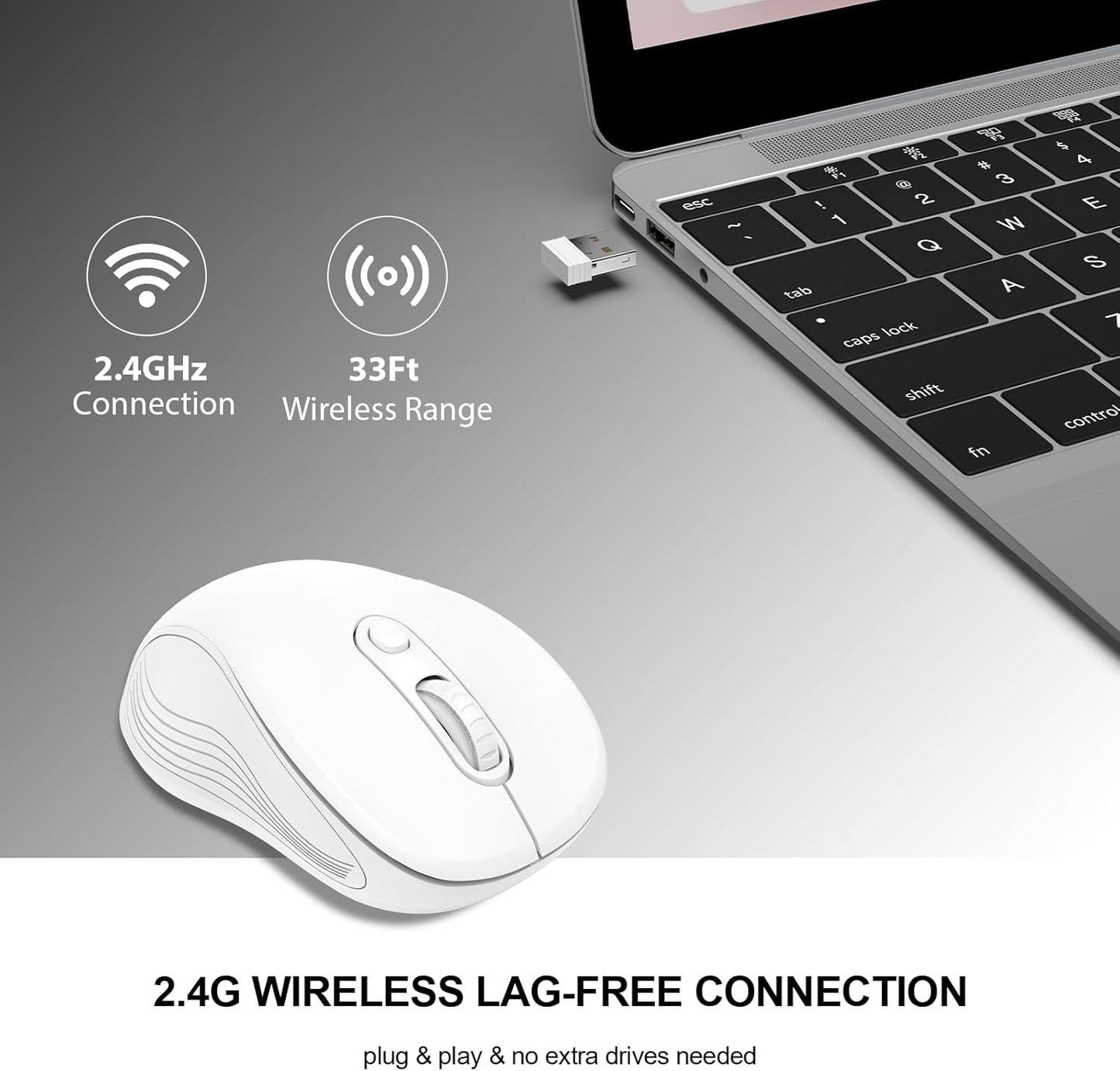 WisFox 2.4G Wireless Mouse for Laptop, Ergonomic Computer Mouse with USB Receiver and Type-C Adapter, 3 Adjustable Levels DPI, 6 Button Cordless Wireless Mice (White, 1 Pack)