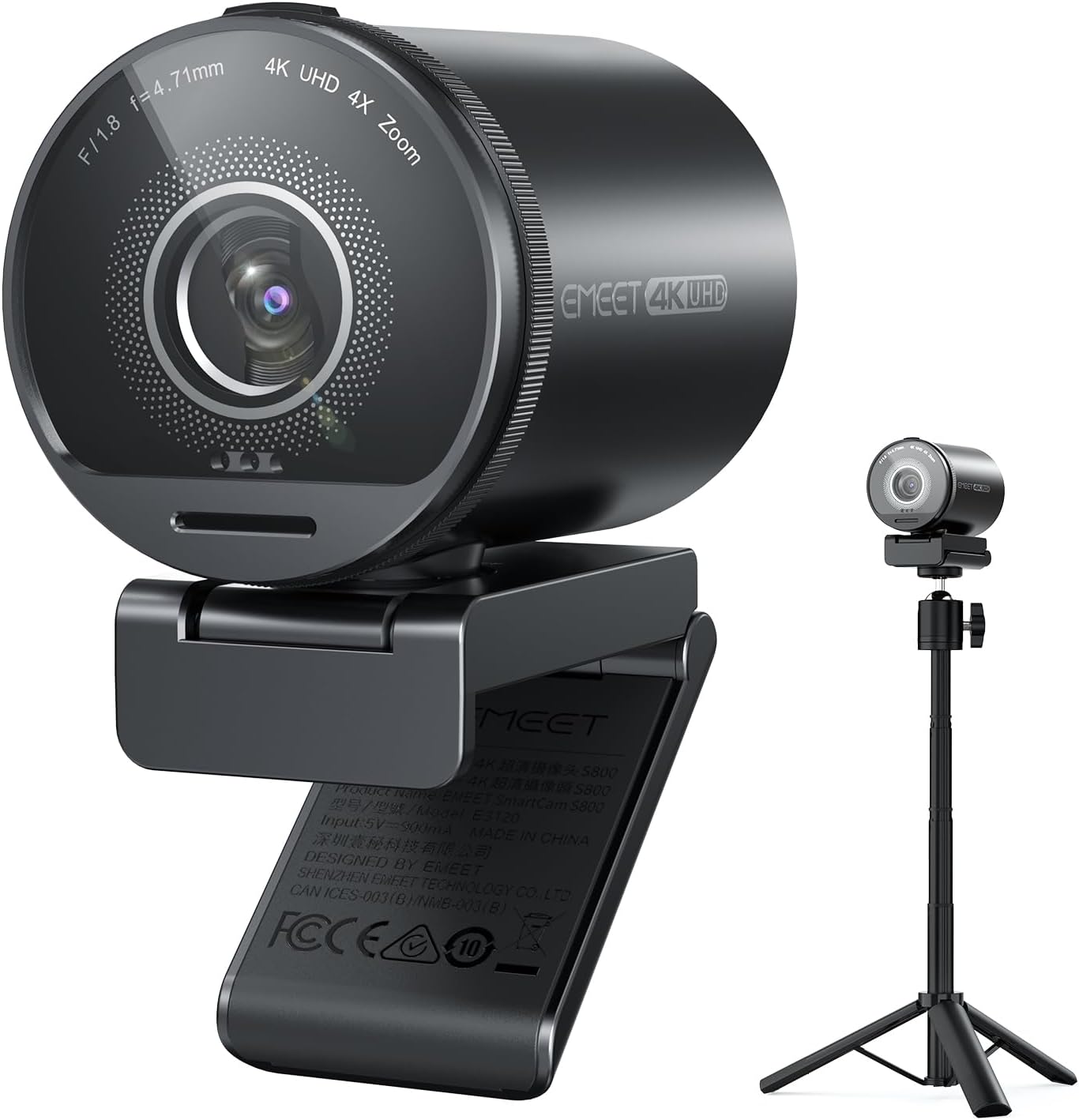 EMEET SmartCam S800-4K Webcam with Tripod for Streaming, Sony 1/2'' Sensor, Supports HDR, PDAF&TOF Dual-autofocus, 1080P@60FPS, Adjustable Heights with 360° Swivel Head, Perfect for Live Streaming