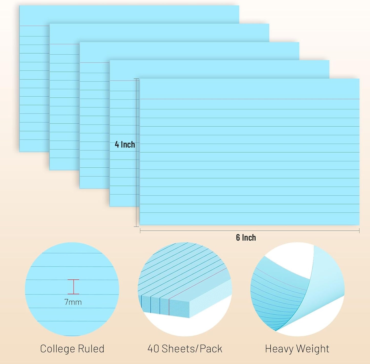 200 Pcs Index Cards 4 x 6 Inch Ruled Blue Index Cards, College Ruled Flash Cards for School, College, Office and Home Organization, Durable Study To Do List Note Cards with Ruled Lines, 5 Pack of 40