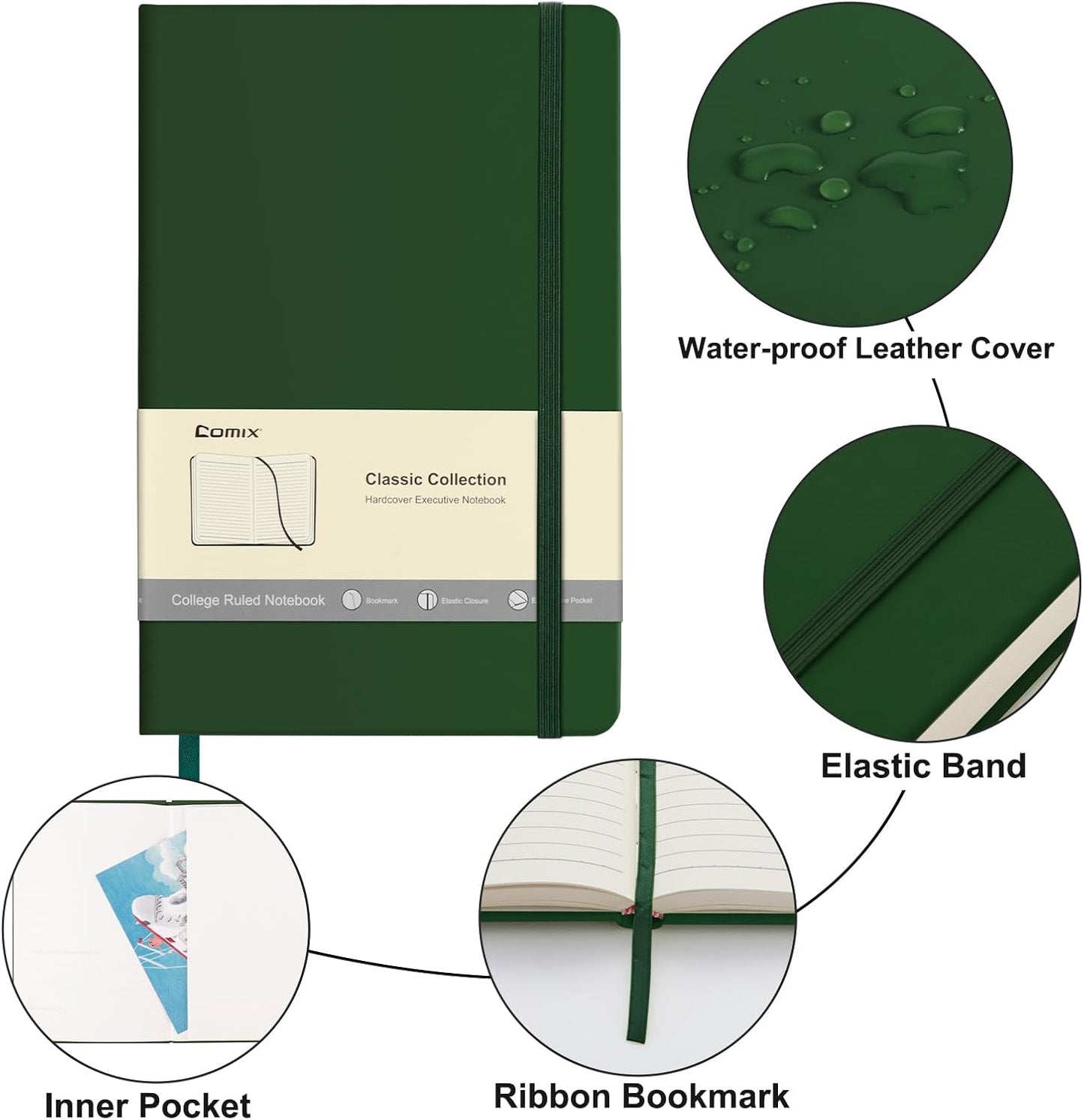 Comix Lined Journal Notebook for Women Men, Journaling Notebooks for Office School Home, Dark Green, 240 Pages, 5.5" x 8.3", College Ruled, A5, Hardcover
