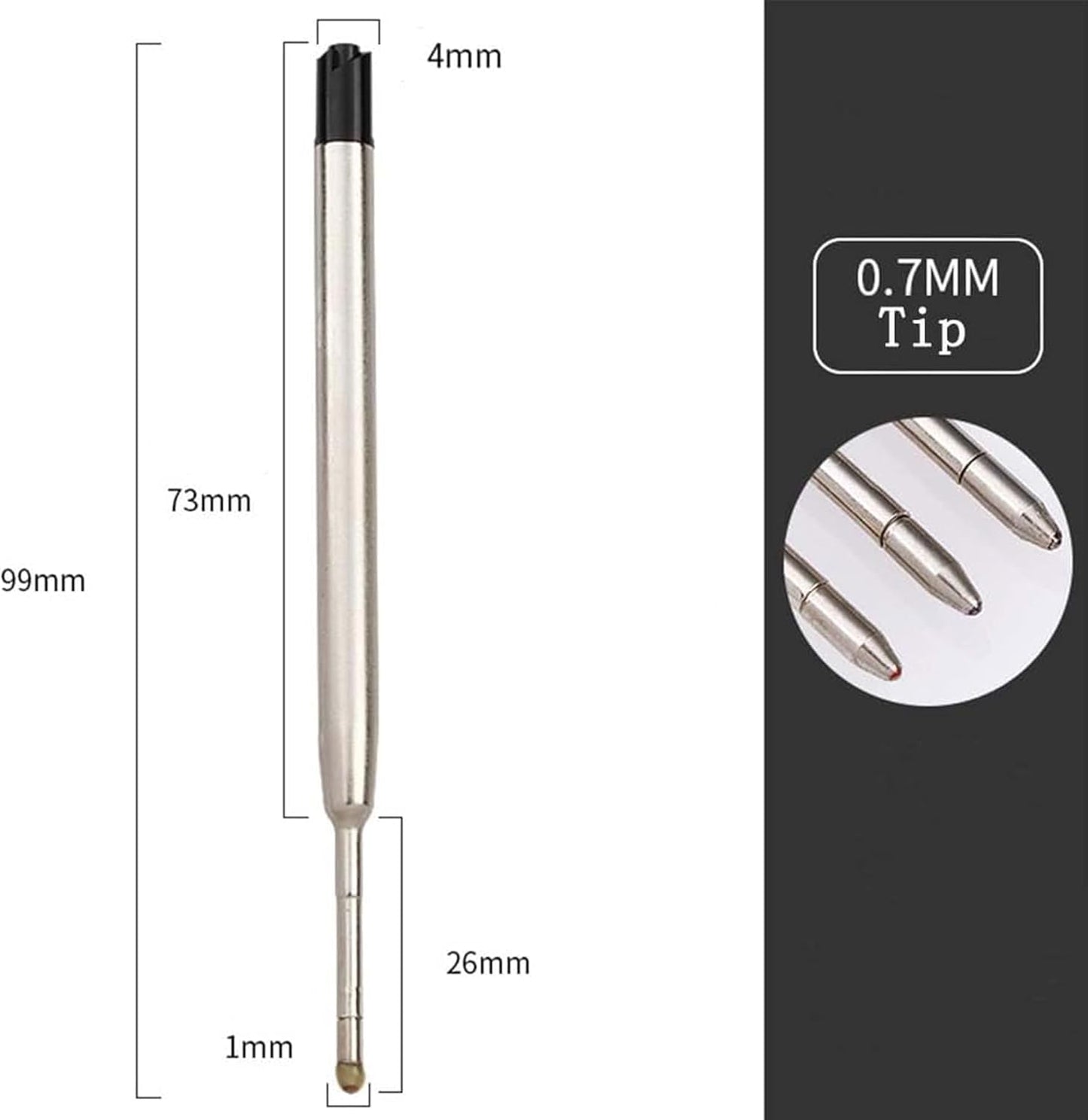 PapaBear Ballpen Medium Point Black Ink Refill Pack of 5-Replaceable Ballpoint Pen Refills 0.7 mm Tip - Metal Pen Refill (Black)