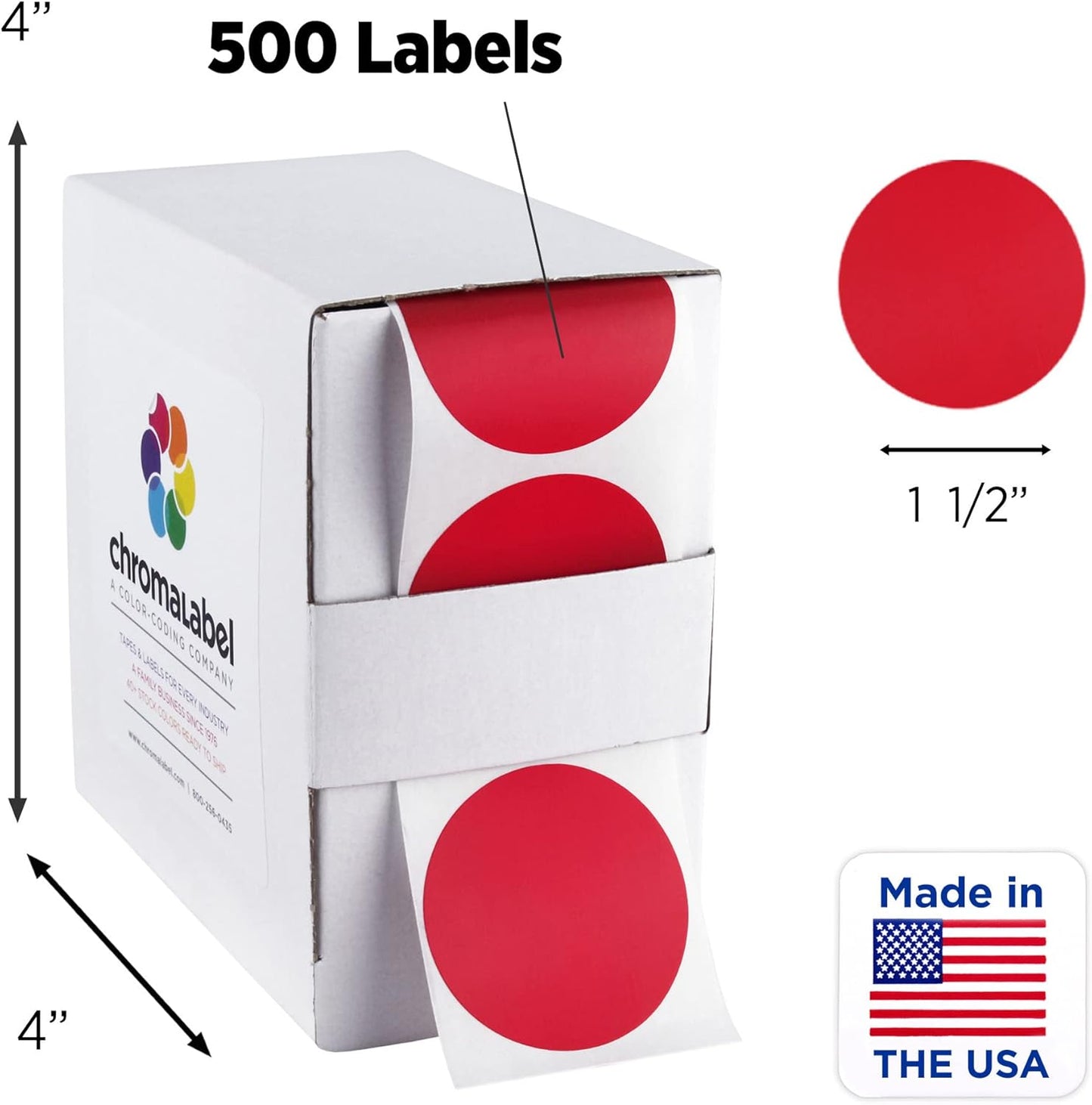 ChromaLabel 1.50 Inch Round Label Permanent Color Code Dot Stickers, 500 Labels per Dispenser Box, Red