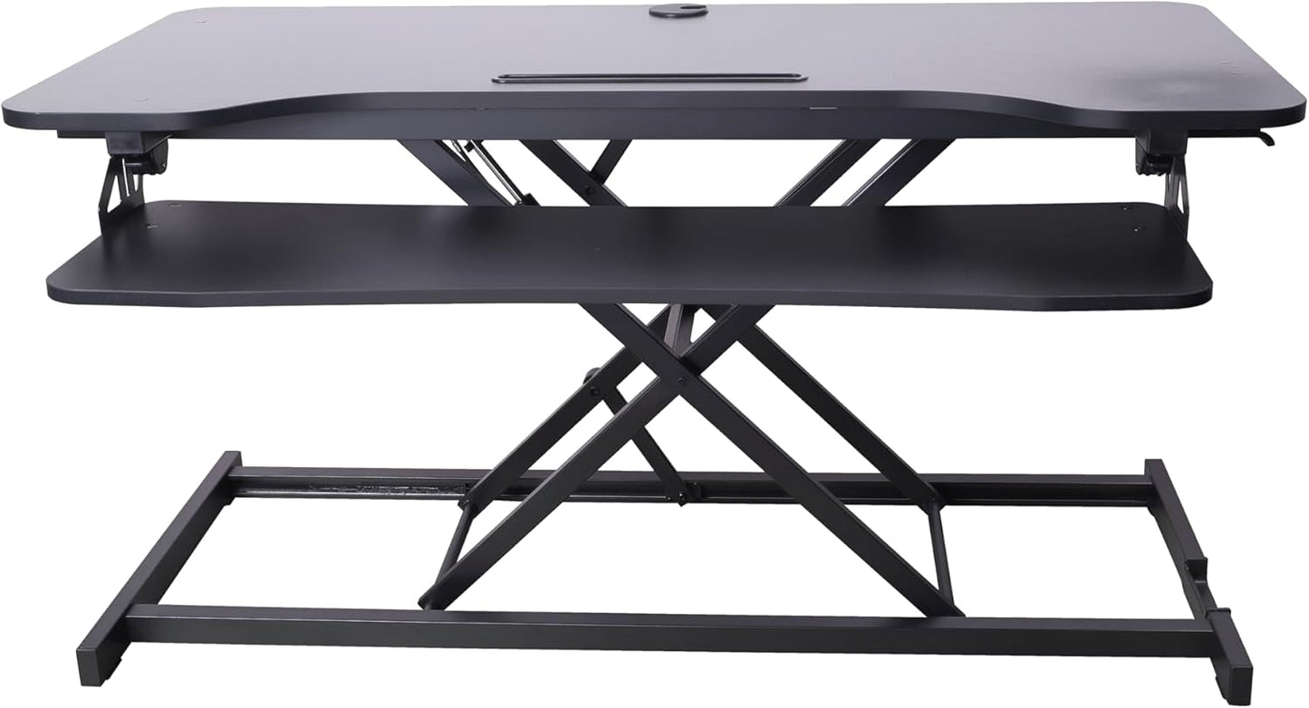 Rocelco 43" Height Adjustable Standing Desk Converter with Dual Monitor Arm Mount - Tall Stand Up Tabletop Riser and Tablet Slot - Computer Workstation - Deep Keyboard Tray - Black (R VADRB-43-DM2)