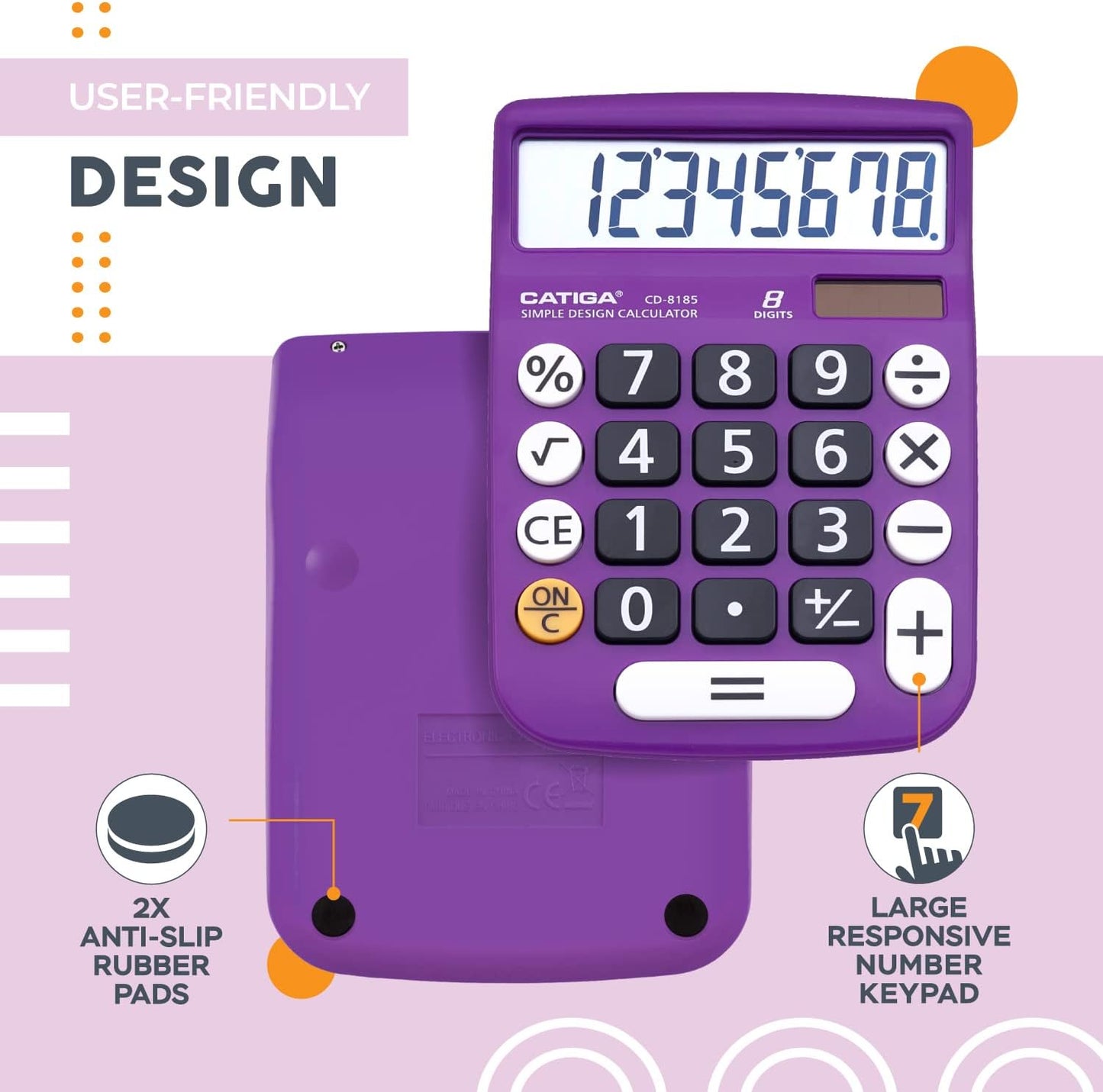 CATIGA Desktop Calculator 8 Digit with Solar Power and Easy to Read LCD Display, Big Buttons, for Home, Office, School, Class and Business, 4 Function Small Basic Calculators for Desk, CD-8185