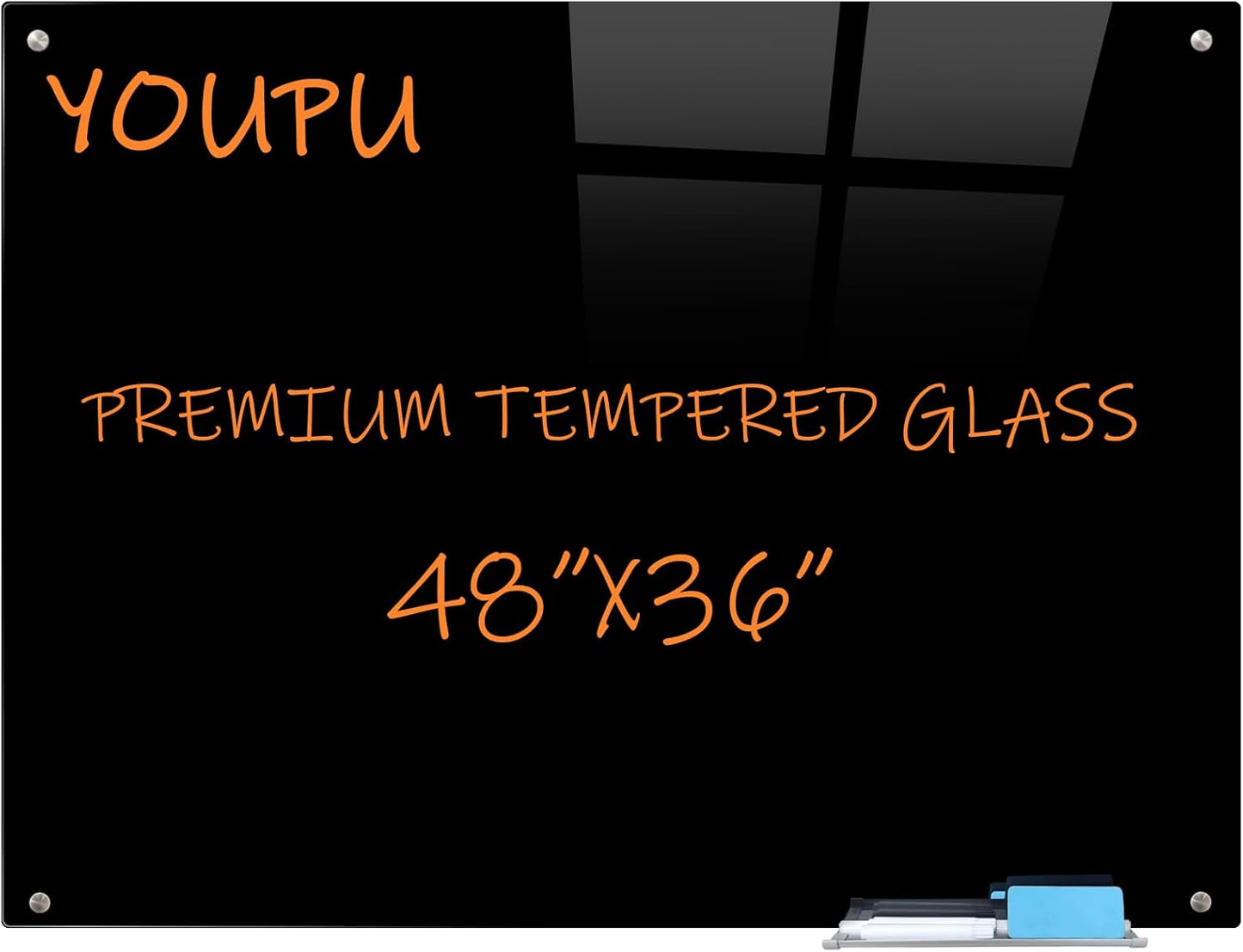 Magnetic Glass Writeboard 48"x36" Premium Tempered Dry Erase Boards Wall Mounted Frameless Whiteboard Bulletin Message Boards (Black)
