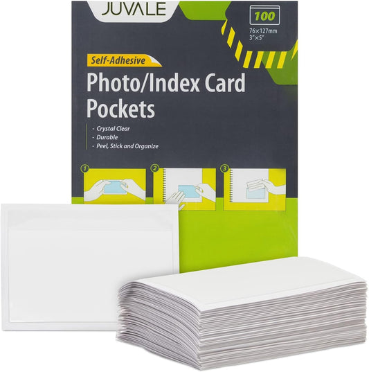 Juvale 100-Pack Clear Index Card Pockets - 3.6 x 5.25 in Plastic Sleeves - Adhesive Label Pockets for Storage Bin & Shelf Labels