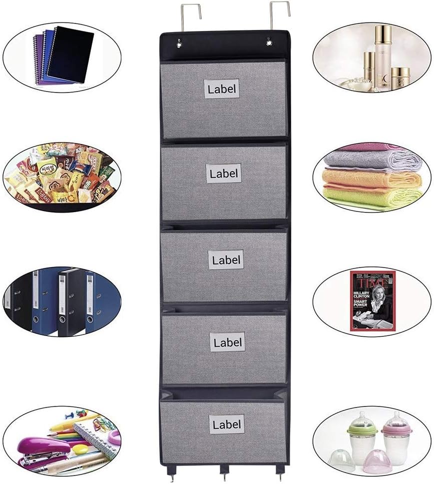 homyfort Over the Door File Organizer, Wall Hanging File Folders with 5 Large Pocket for Mails, Magazines, Back to School Supplies,Office Chart Storage, Paper Organization (Grey)