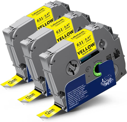 TZe-631 TZ 12mm 0.47 Laminated Black on Yellow Compatible with P Touch Label Tape TZe631 Refills for Ptouch PTH110 PT-D220 D210 D400 D600 H103W 2040 Label Maker, 3-Pack