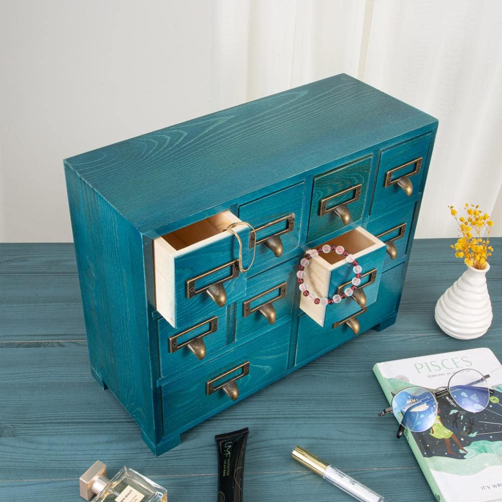 Apothecary Cabinet with 10 Drawers & Labels Rustic Library Card Catalog Cabinet Desktop Wooden Storage Box for Organize Herbal、Tea Bag、Jewelry (Blue)