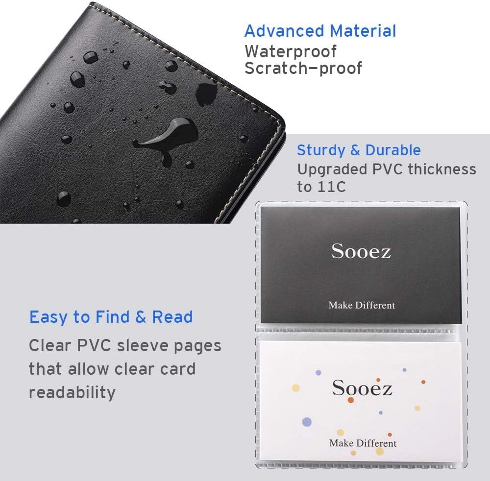 Sooez Leather Professional Business Card Book Holder Organizer, 240 Capacity Credit Card Booklet, PU Name Cards Holder Storage File for Men Women, Blue