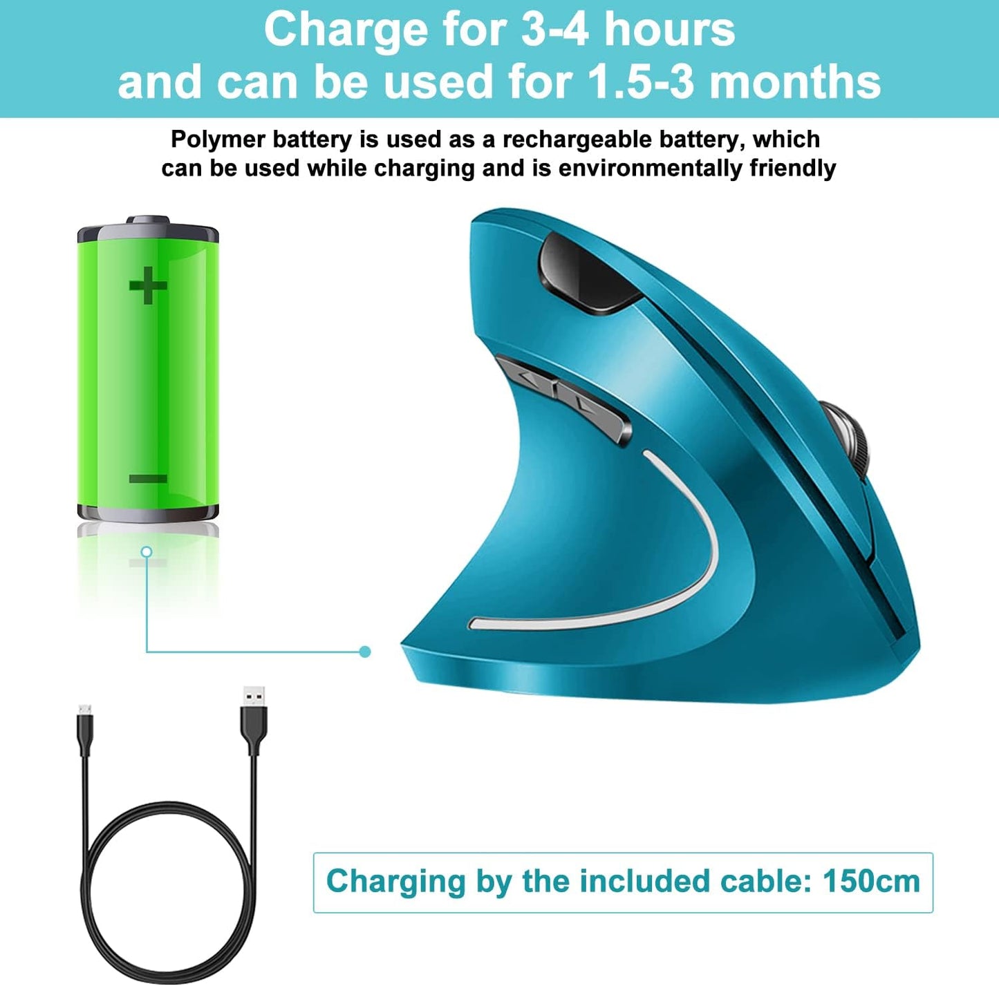 Vassink Ergonomic Wireless Mouse, Rechargeable Mouse 2.4Hz Vertical Wireless Optical Mice with USB Receiver, 6 Buttons for PC,Laptop,etc Blue