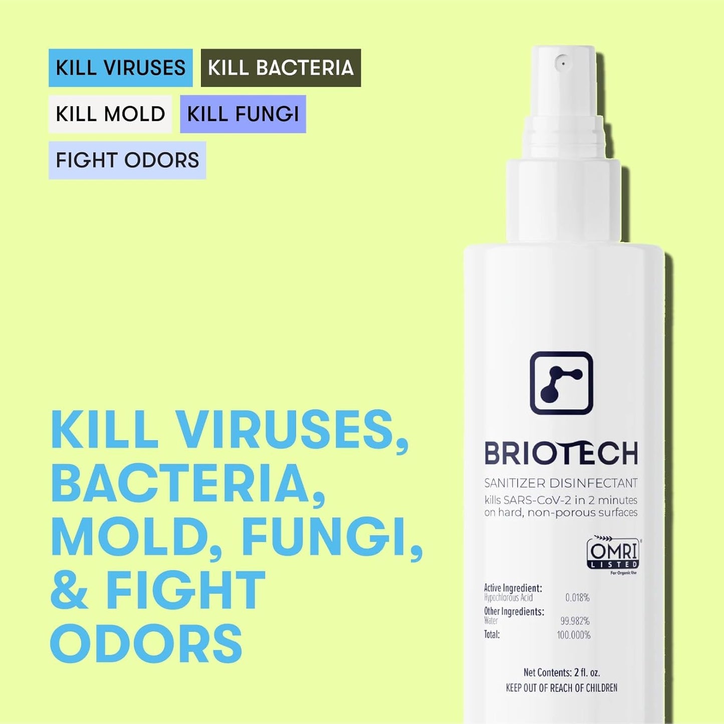 BRIOTECH Sanitizer Disinfectant Hypochlorous Spray, Kill 99.99% of Viruses & Bacteria, Control Mold, Eliminate Odor, Gentle for Nurseries, Food Contact Surface Sanitizer, 2 fl oz Travel Size (2 Pack)