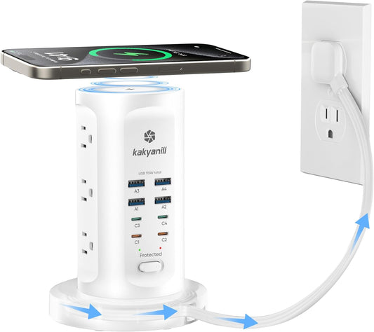 115W USB Charging Station, Surge Protector Power Strip Tower, 9 AC Outlets with 8 USB Ports(4 USB-C), 6Ft Flat Plug Retractable Extension Cord, for Home Office Dorm, White