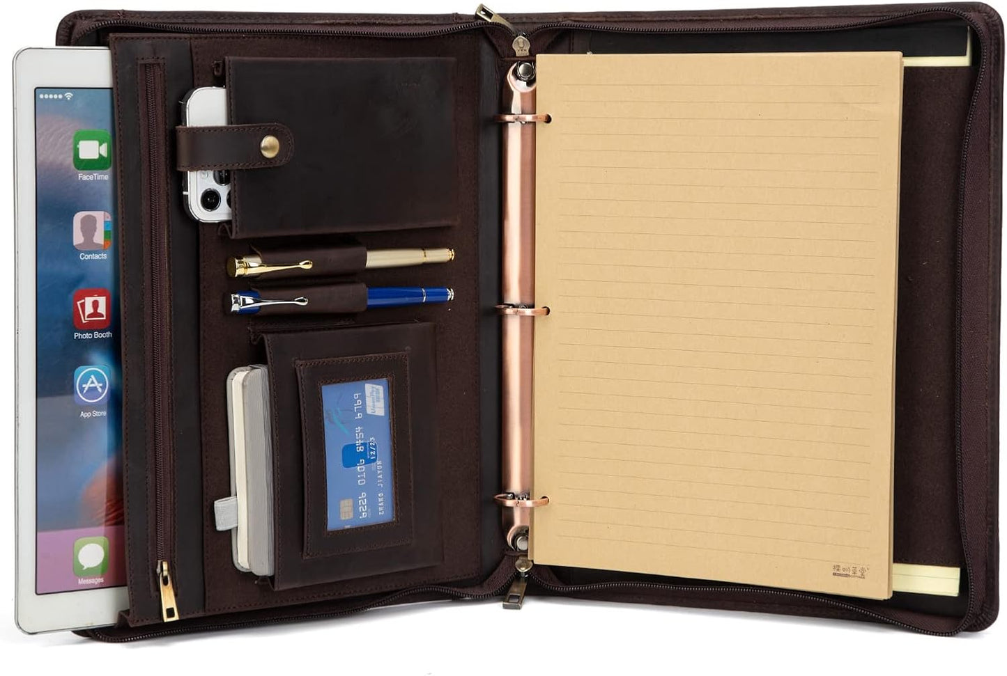Professional Leather Business Padfolio Portfolio Case, 3 Ring Binder,Zippered Business Document Organizer Tablet Holder Folder Case,with Letter Size Notepad (Dark Brown)