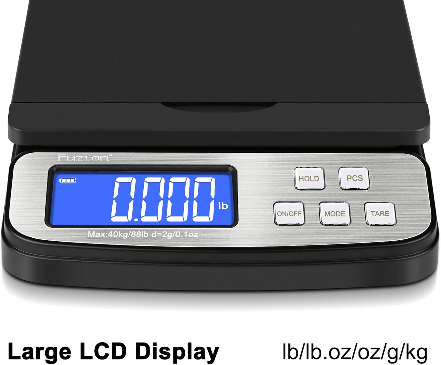 Fuzion Shipping Scale - Digital Postal Scale 88lb x 0.1oz, 5 Units, Hold/Tare/PCS Counting, Easy Calibration, Large LCD, All-in-1 Scale for Packages