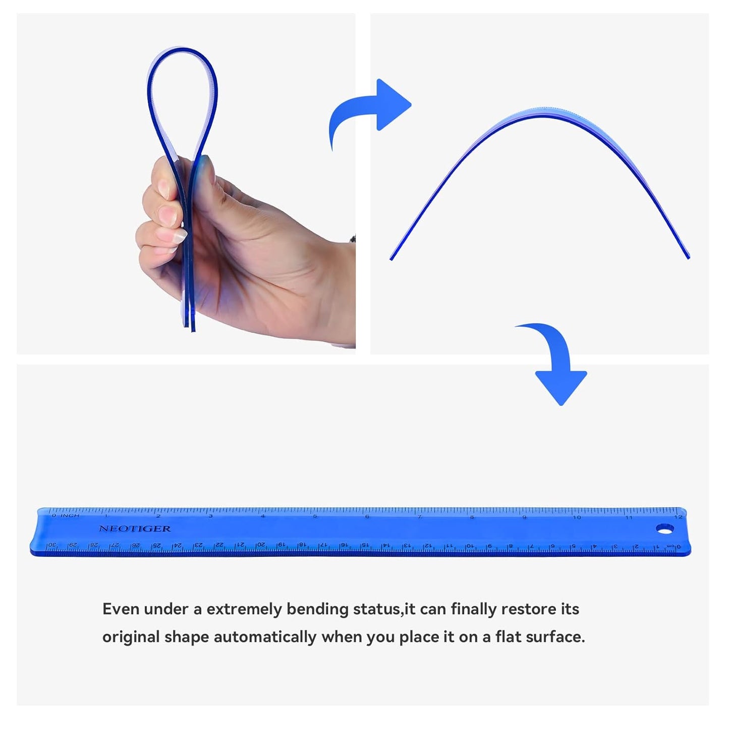 Flexible Shatterproof Bendable Unbreakable Safe Soft Transparent Clear Plastic Straight Flat Ruler, 30 cm/12 inch. Set of 2, Clear and Blue, for Home, School, Office, for Kids and Adults