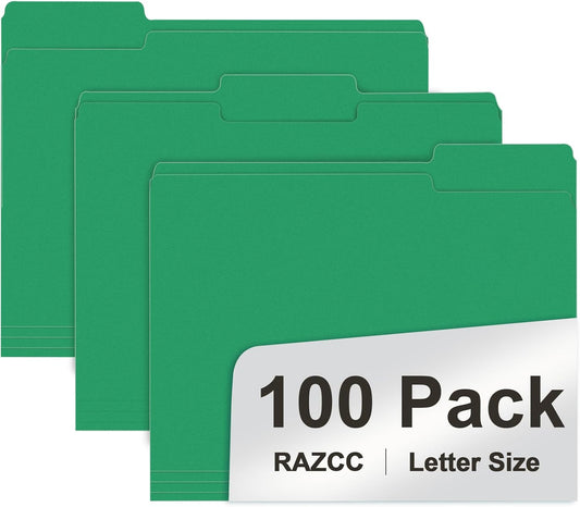 File Folder, RAZCC 100 Pack 1/3 Cut Tab File Folders Letter Size, Creen, Colored Folders with Tab Great for Organizing and Easy File Storage