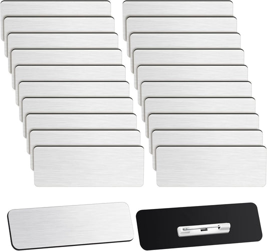 Breling 100 Pieces Name Tags with Pins 1 x 3 Inches Blank Name Tags Reusable ID Badge Holders with Clip for Office Workers Students Employee Custom(Silver and Black)