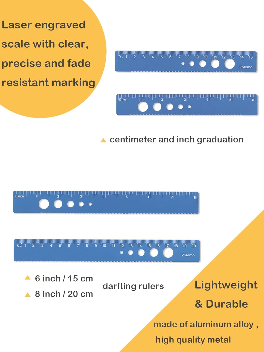 Metal Geometry Set, 5-Piece Aluminum Ruler, Math Drafting Ruler Kit Includes Protractor, Triangle Rulers, Straight Rulers-Math Measurement Tools for School and Office Supplies (Blue)