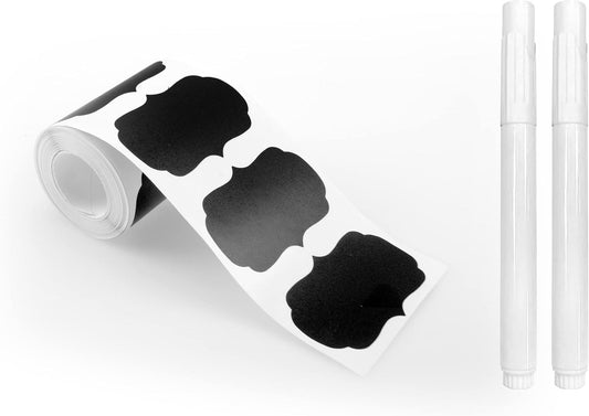 MUWOOB Chalkboard Labels, 120 Pcs Black Reusable Waterproof Labels Stickers with 2 White Chalk Markers, Kitchen Pantry Sticker Labels for Containers, Mason Jars, Condiments, Food Storage (Strange)