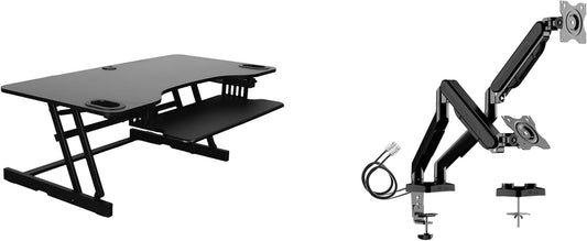 Rocelco 45" Height Adjustable Standing Desk Converter with Premium Dual Monitor Mount and Slide Out Retractable Keyboard Tray - Sit Stand Up Triple Screen Tabletop Riser - Black (R ADRB-45-MA2)