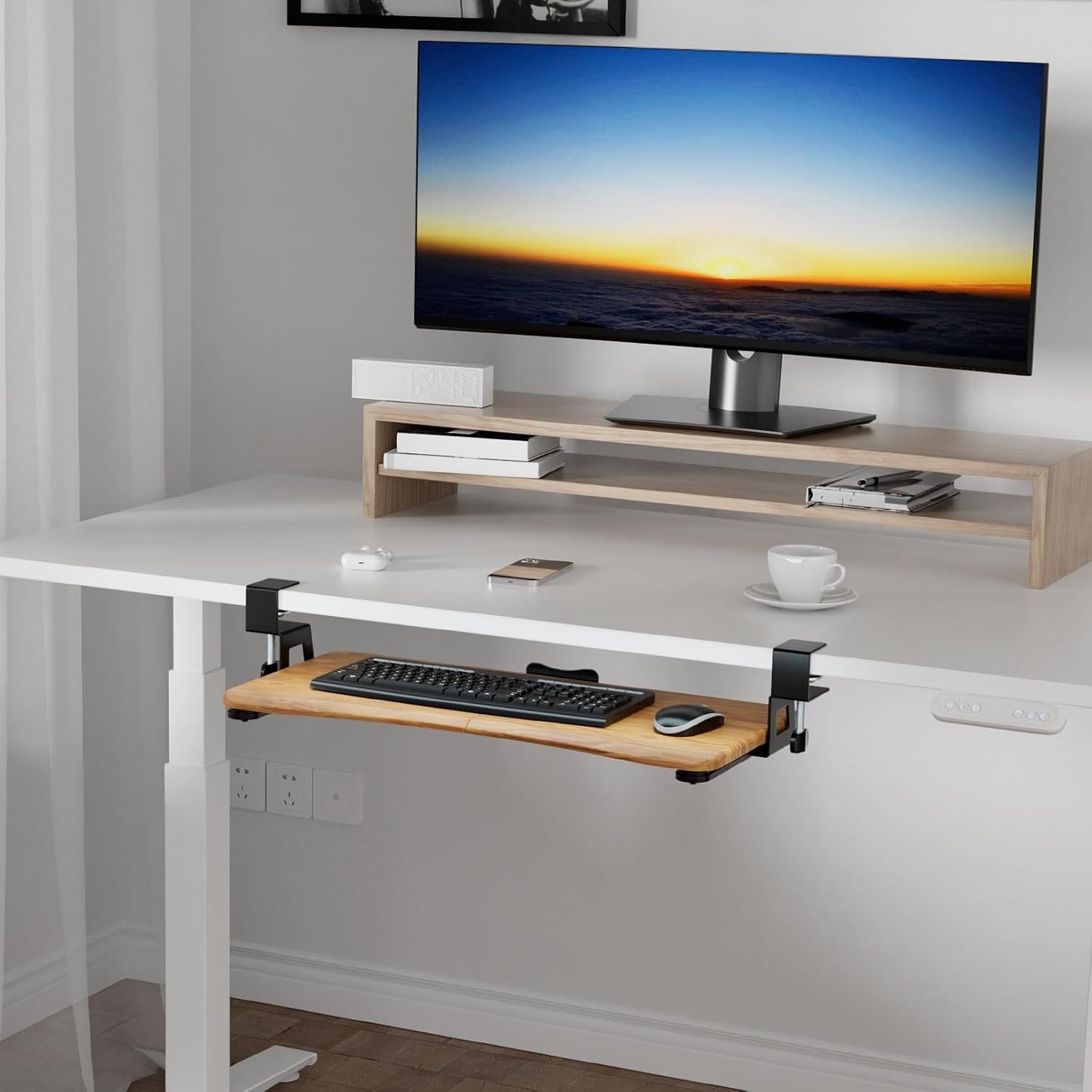 suptek Keyboard Tray Under Desk Pull Out with C Clamp Mount, Computer Keyboard & Mouse Tray, 25.6 (30 Including Clamps) x 11.8 inch Slide-Out Platform Computer Drawer for Typing, Dark Wood, DSF1SM