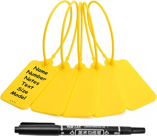 100 Yellow Blank Plastic Tags for Labeling Waterproof Hanging Labels Writable Tags Seal Plastic Marking Label for Clothes Bags Keys Inventory with One Marker Pen