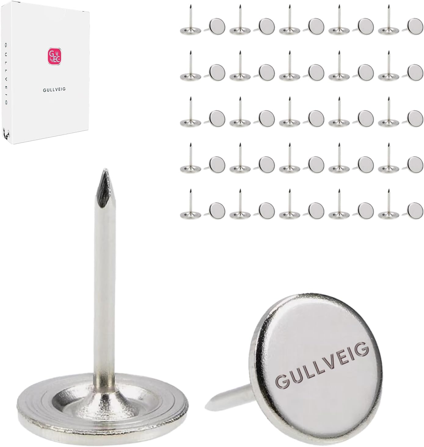 Gullveig Silver Push Pins and Thumb Tacks: Heavy Duty Flat Upholstery, Long Carpet Tacks, and Decorative Nails for Wood and Fabric, 50 Count