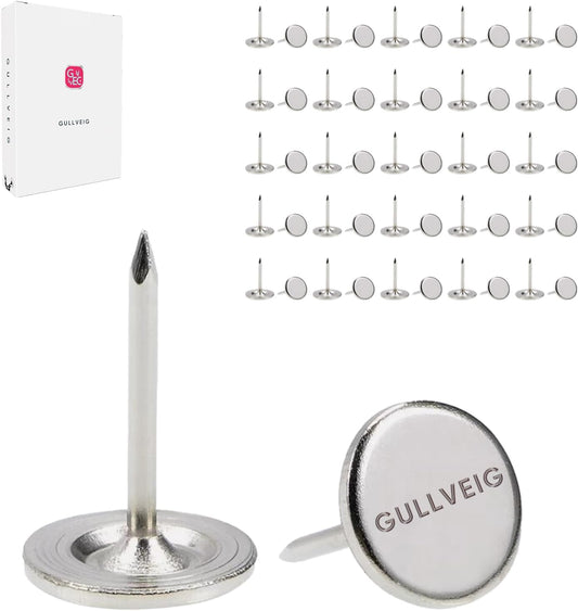 Gullveig Silver Push Pins and Thumb Tacks: Heavy Duty Flat Upholstery, Long Carpet Tacks, and Decorative Nails for Wood and Fabric, 50 Count