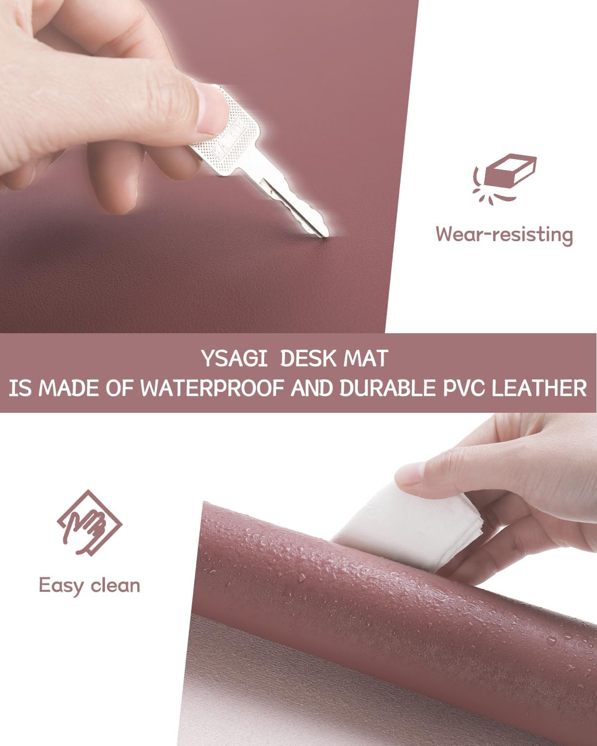 YSAGi Non-Slip Leather Desk Pad Blotter, Waterproof Laptop Computer Desk Keyboard Mat, Table Protector Mat, Large Mouse Pad for Office/Work/Home/Decor(Dark Pink, 31.5" x 15.7")
