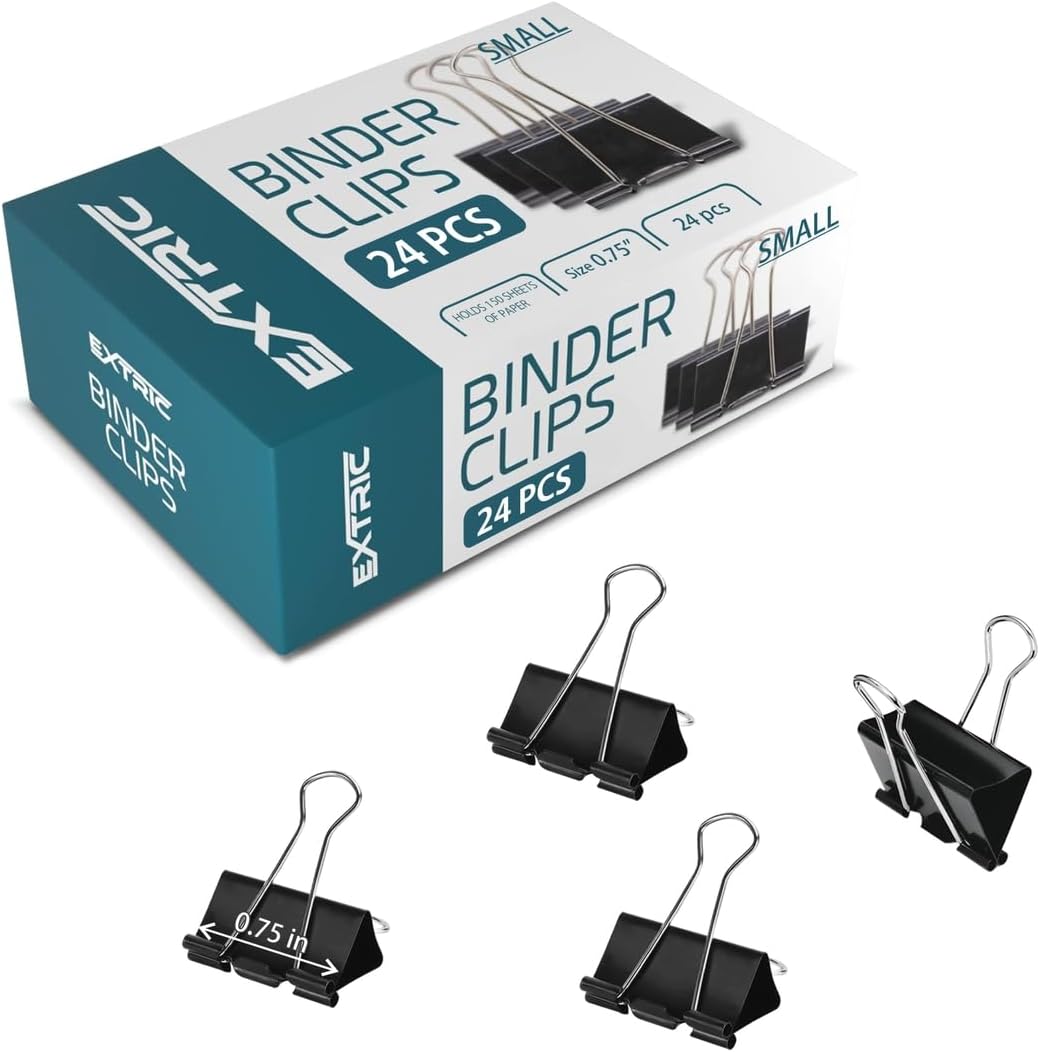 Binder Clips - 24 Small Binder Clips, 0.75 Inch Black Paper Clamps, File Clip for Home, Office and School Supplies