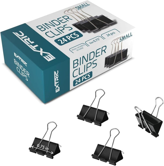 Binder Clips - 24 Small Binder Clips, 0.75 Inch Black Paper Clamps, File Clip for Home, Office and School Supplies