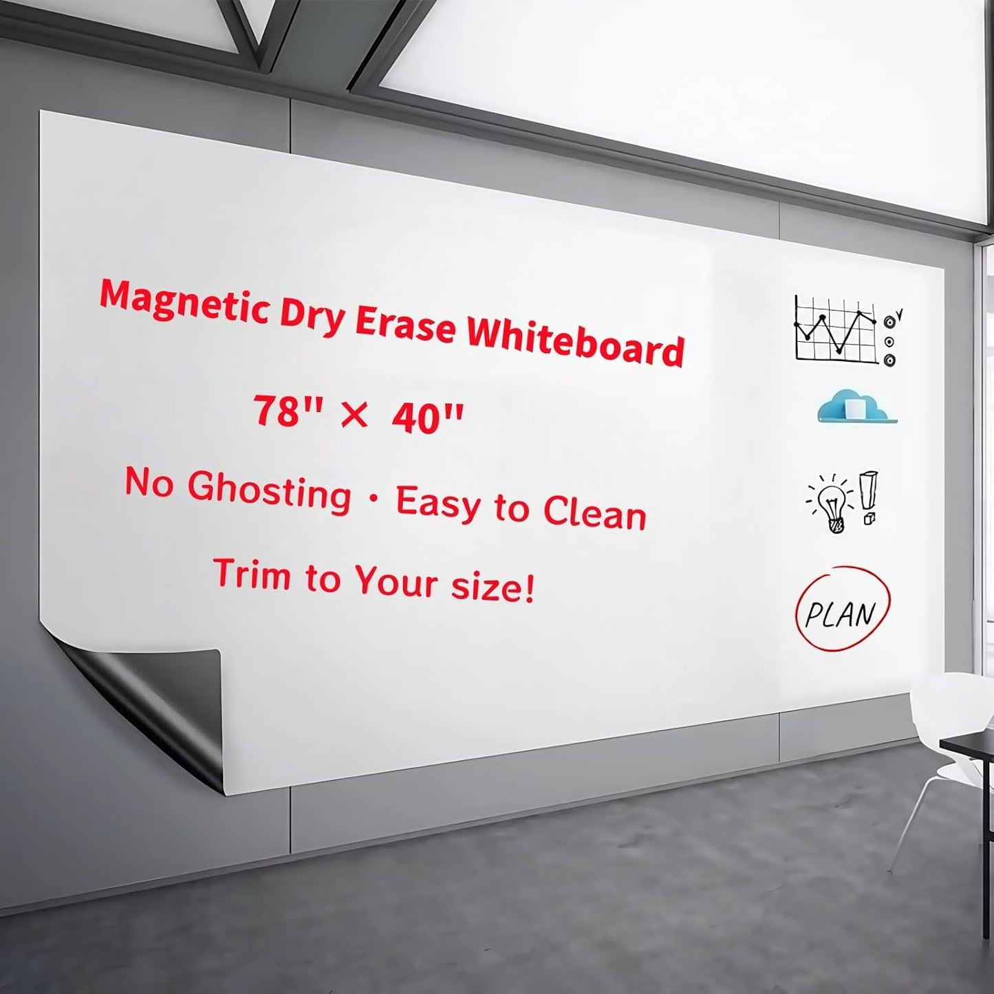 Magnetic Dry Erase Whiteboard 78"x40"- Self-Adhesive Flexible Wall Board Kit with 11 Markers, 6 Magnets, Magnetic Eraser & Holder - Ultra Smooth Writing,Effortless Clean for Office, Home, School