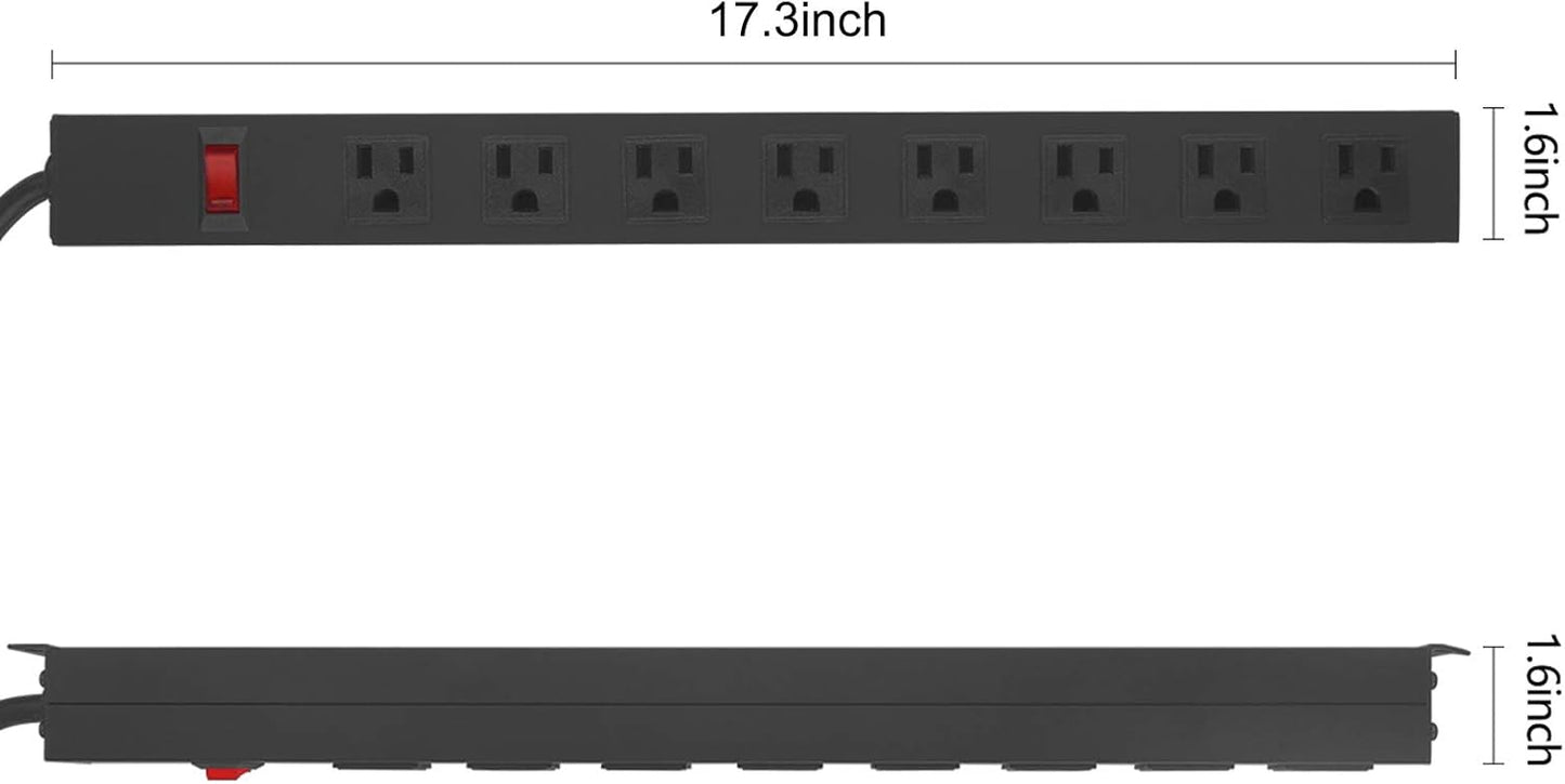 4Pack Metal 8 Outlet Mountable Power Strip, Wall Mount Outlet Heavy Duty, Wide Spaced Commercial Shop Power Strip with Switch, 6 FT Power Cord.