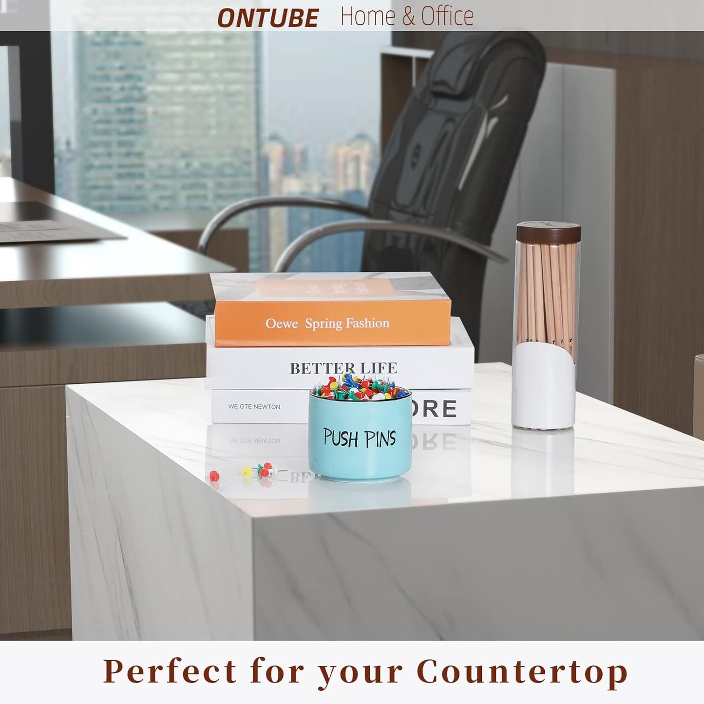 Ceramic Push Pins Holder, Paper Clips Dispenser Organizer for Desk and Binder Clips Holders Container for Office School Home Supplies 3.4Inch, Turquoise