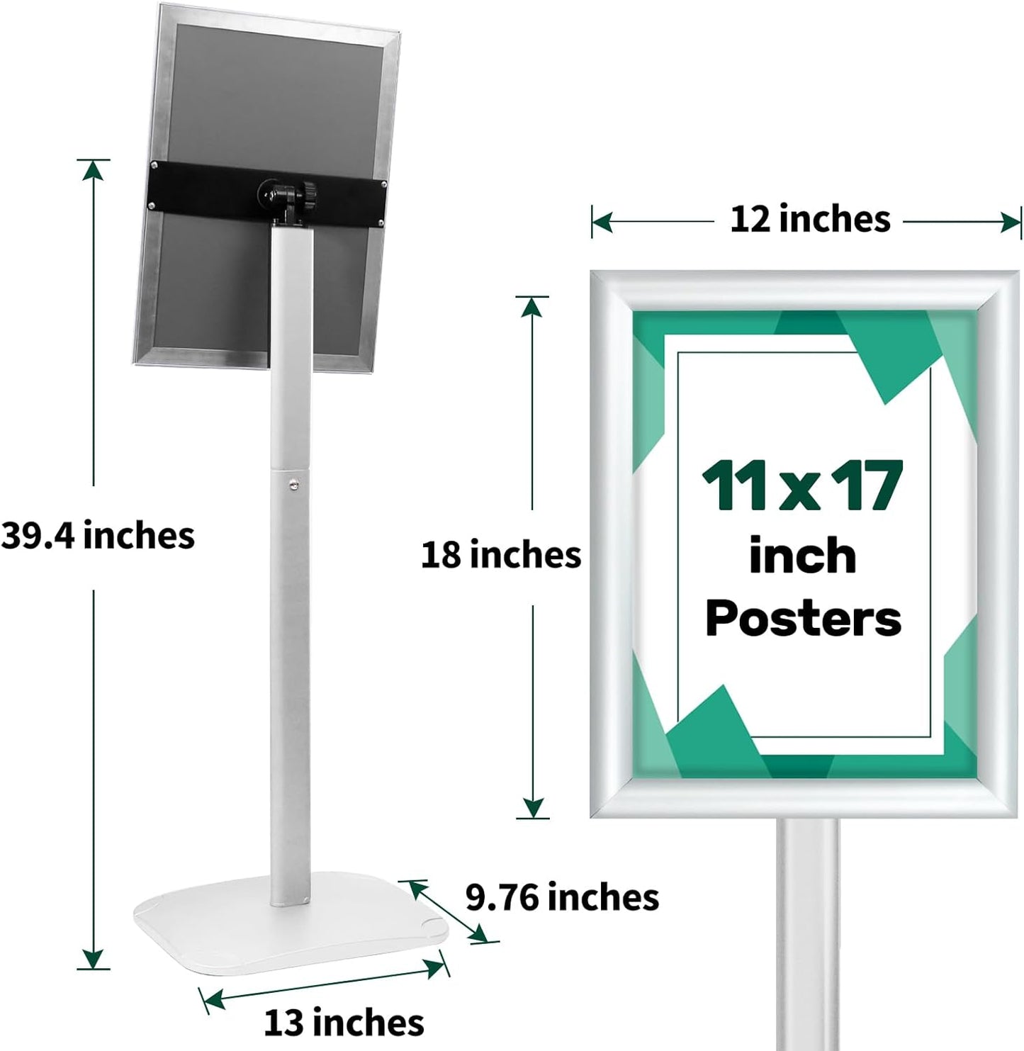 Heavy Duty Pedestal Sign Holder for Display, 11 x 17 inches Adjustable Floor Standing Sign Holder with Weighted Base , Vertical and Horizontal View Sign Stand for Indoor/Outdoor Advertising，Silver
