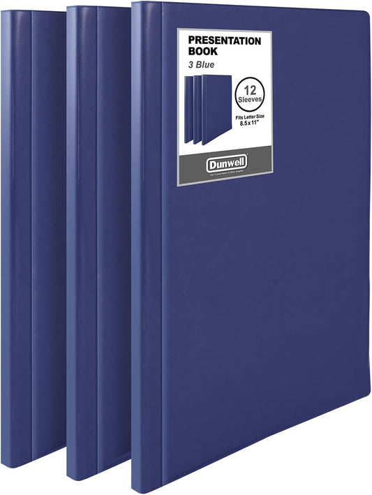 Dunwell Presentation Binder 12-Pocket, Displays 24 Pages, 8.5x11 Portfolio Binder with Plastic Sleeves, Storage and Organizer for Documents, Certificates, Projects, Photos (3 Pack, Blue)