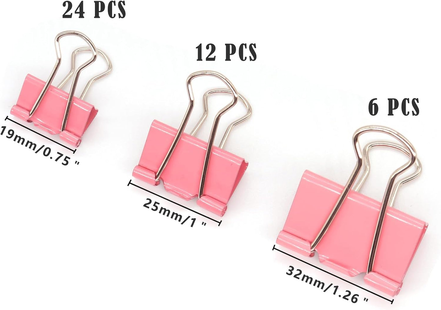 Pink Binder Clips Paper Clamps, Assorted Sizes Set (Small, Medium, Large) for Office School and Home Supplies