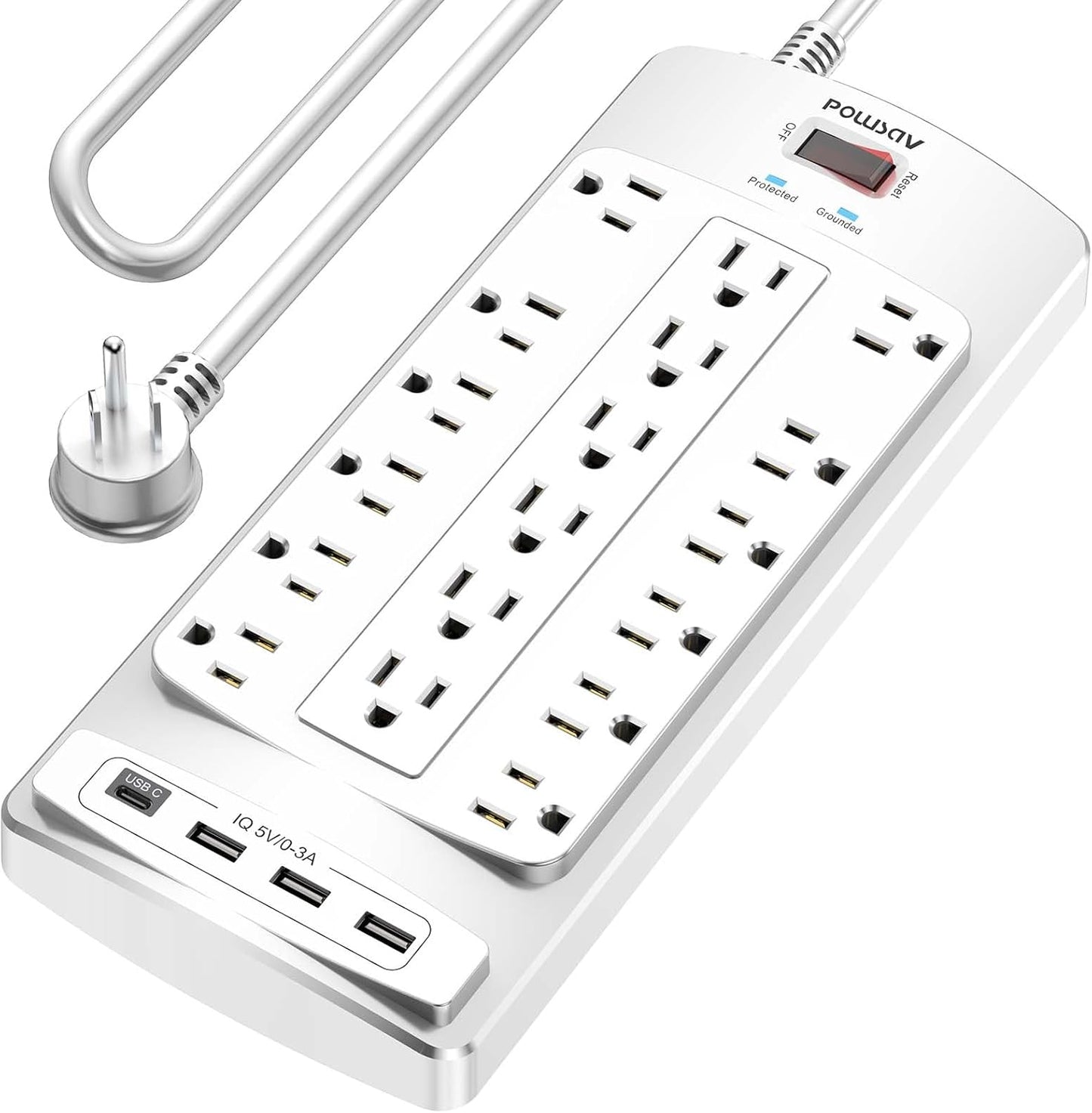 18 Outlets Surge Protector Power Strip - 10 Feet Flat Plug Heavy Duty Extension Cord with 18 Widely Outlets and 4 USB Ports, 2100 Joules, White, ETL Listed