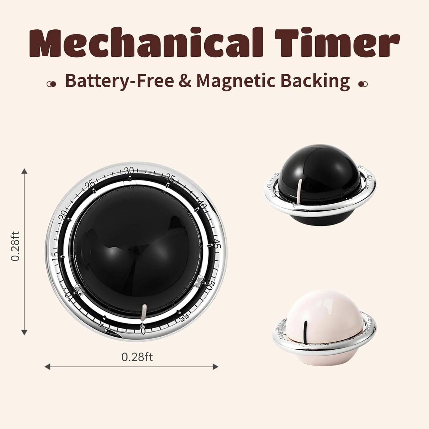 Planet-Shaped Mechanical Timer | No Batteries Needed | 59-Minute Countdown | Magnetic Base | Multi-Purpose Kitchen, Study & Classroom Timer (Black)